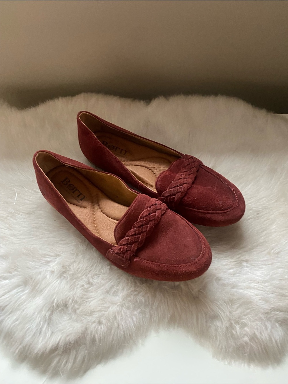 Born Women's Burgundy Suede Braided Moccasin Loafers